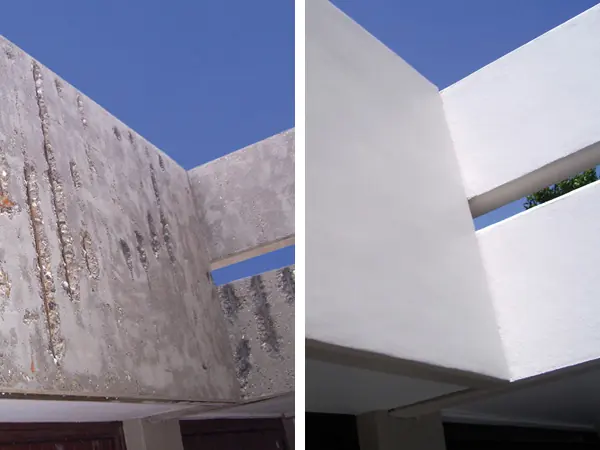 Betonbauteil vor und nach der Instandsetzung durch BETOS